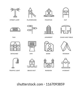 Set Of 16 simple line icons such as Hydrant, Mansion, Beach Hut, Traffic light, Wigwam, Street lamp, Taxi, Detached, Aparment, editable stroke icon pack, pixel perfect