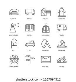 Set Of 16 simple line icons such as Igloo, Mailbox, , Ferris wheel, Fountain, Hangar, Lighthouse, Hut, Bungalow, editable stroke icon pack, pixel perfect