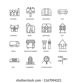 Set Of 16 simple line icons such as, Future House, Aparment, Taxi, Bungalow, Factory, Mansion, Truck, Detached, editable stroke icon pack, pixel perfect