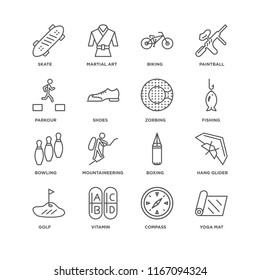 Set Of 16 simple line icons such as Yoga mat, Compass, Vitamin, Golf, Hang glider, Skate, Parkour, Bowling, Zorbing, editable stroke icon pack, pixel perfect