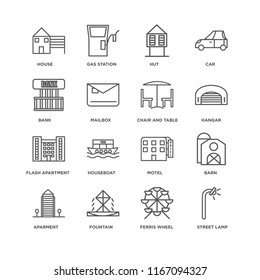 Set Of 16 simple line icons such as Street lamp, Ferris wheel, Fountain, Aparment, Barn, House, Bank, Flash Apartment, Chair and table, editable stroke icon pack, pixel perfect