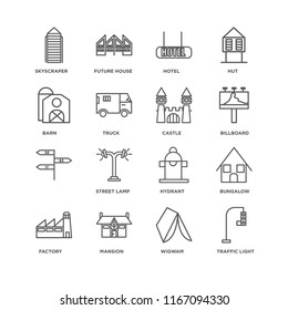 Set Of 16 simple line icons such as Traffic light, Wigwam, Mansion, Factory, Bungalow, Skyscraper, Barn, , Castle, editable stroke icon pack, pixel perfect