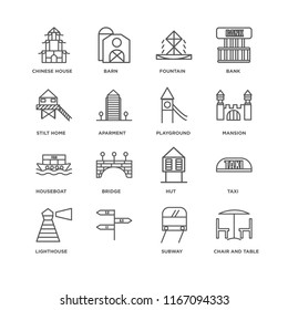Set Of 16 simple line icons such as Chair and table, Subway, , Lighthouse, Taxi, Chinese House, Stilt Home, Houseboat, Playground, editable stroke icon pack, pixel perfect