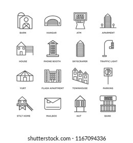 Set Of 16 simple line icons such as Bank, Hut, Mailbox, Stilt Home, Parking, Barn, House, Yurt, Skyscraper, editable stroke icon pack, pixel perfect
