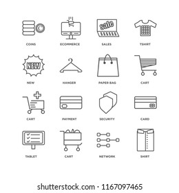 Set Of 16 simple line icons such as Shirt, Network, Cart, Tablet, Card, Coins, New, Paper bag, editable stroke icon pack, pixel perfect