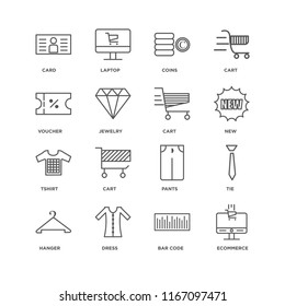 Set Of 16 simple line icons such as Ecommerce, Bar code, Dress, Hanger, Tie, Card, Voucher, Tshirt, Cart, editable stroke icon pack, pixel perfect