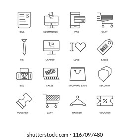 Set Of 16 simple line icons such as Voucher, Hanger, Cart, Security, Bill, Tie, Bag, Love, editable stroke icon pack, pixel perfect
