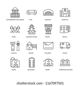 Set Of 16 simple line icons such as Terraced Houses, Barn, Building, Truck, Government buildings, Park, Castle, Motel, editable stroke icon pack, pixel perfect