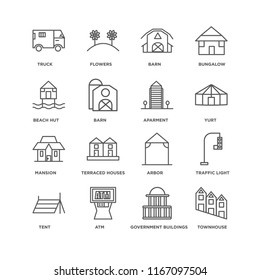 Set Of 16 simple line icons such as Townhouse, Government buildings, Atm, Tent, Traffic light, Truck, Beach Hut, Mansion, Aparment, editable stroke icon pack, pixel perfect