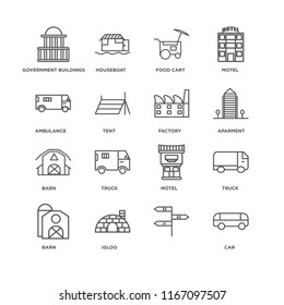 Set Of 16 simple line icons such as Car, , Igloo, Barn, Truck, Government buildings, Ambulance, Factory, editable stroke icon pack, pixel perfect