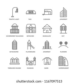 Set Of 16 simple line icons such as Supermarket, Barn, Mansion, Terraced Houses, Flowers, Traffic light, Government buildings, Skyscraper, Bungalow, editable stroke icon pack, pixel perfect