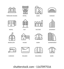 Set Of 16 simple line icons such as Barn, Buildings, Mailbox, Caravan, Supermarket, Terraced Houses, Motel, Bungalow, Factory, editable stroke icon pack, pixel perfect
