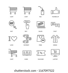 Set Of 16 simple line icons such as Laptop, Voucher, Card, Cart, Dress, Buy, Love, Sales, editable stroke icon pack, pixel perfect