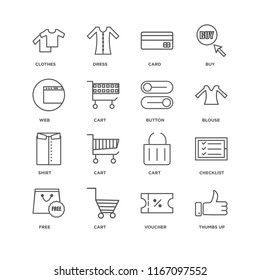 Set Of 16 simple line icons such as Thumbs up, Voucher, Cart, Free, Checklist, Clothes, Web, Shirt, Button, editable stroke icon pack, pixel perfect