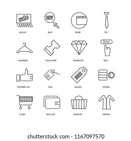Set Of 16 simple line icons such as Dress, Basket, Wallet, Cart, Coins, Sales, Hanger, Thumbs up, Jewelry, editable stroke icon pack, pixel perfect