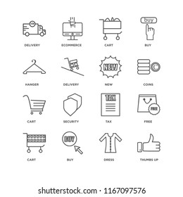 Set Of 16 simple line icons such as Thumbs up, Dress, Buy, Cart, Free, Delivery, Hanger, New, editable stroke icon pack, pixel perfect
