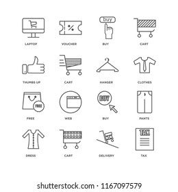 Set Of 16 simple line icons such as Tax, Delivery, Cart, Dress, Pants, Laptop, Thumbs up, Free, Hanger, editable stroke icon pack, pixel perfect
