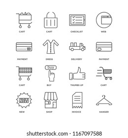 Set Of 16 simple line icons such as Hanger, Invoice, Shop, New, Cart, Payment, Delivery, editable stroke icon pack, pixel perfect