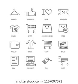 Set Of 16 simple line icons such as Cart, Tag, Checklist, Bill, Sales, Hanger, Wallet, Shopping bags, editable stroke icon pack, pixel perfect