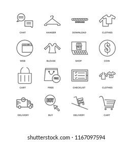 Set Of 16 simple line icons such as Cart, Delivery, Buy, Clothes, Chat, Web, Shop, editable stroke icon pack, pixel perfect
