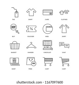 Set Of 16 simple line icons such as Cart, Free, Shop, Chat, Tag, Buy, Basket, Web, editable stroke icon pack, pixel perfect