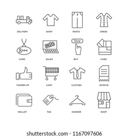 Set Of 16 simple line icons such as Shop, Hanger, Tag, Wallet, Invoice, Delivery, Card, Thumbs up, Buy, editable stroke icon pack, pixel perfect