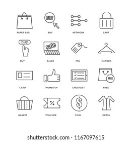 Set Of 16 simple line icons such as Dress, Coin, Voucher, Basket, Free, Paper bag, Buy, Card, Tag, editable stroke icon pack, pixel perfect