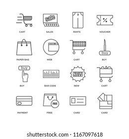 Set Of 16 simple line icons such as Card, Free, Payment, Cart, Paper bag, Buy, editable stroke icon pack, pixel perfect