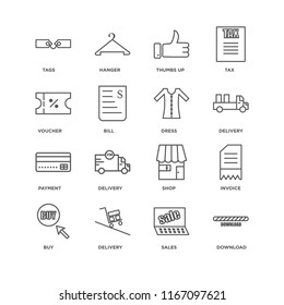 Set Of 16 simple line icons such as Download, Sales, Delivery, Buy, Invoice, Tags, Voucher, Payment, Dress, editable stroke icon pack, pixel perfect