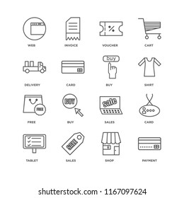 Set Of 16 simple line icons such as Payment, Shop, Sales, Tablet, Card, Web, Delivery, Free, Buy, editable stroke icon pack, pixel perfect