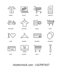 Set Of 16 simple line icons such as Tie, Cart, Laptop, Security, Dress, Delivery, Love, Coins, editable stroke icon pack, pixel perfect