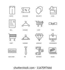 Set Of 16 simple line icons such as Sales, Payment, Tie, Bar code, Ecommerce, Pants, Bill, Cart, editable stroke icon pack, pixel perfect