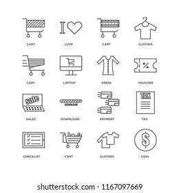 Set Of 16 simple line icons such as Coin, Clothes, Cart, Checklist, Tax, Sales, Dress, editable stroke icon pack, pixel perfect