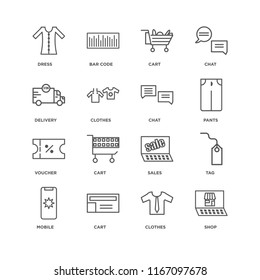 Set Of 16 simple line icons such as Shop, Clothes, Cart, Mobile, Tag, Dress, Delivery, Voucher, Chat, editable stroke icon pack, pixel perfect