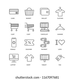 Set Of 16 simple line icons such as Tag, Tablet, Shirt, Laptop, Love, Card, Cart, Mobile, Checklist, editable stroke icon pack, pixel perfect