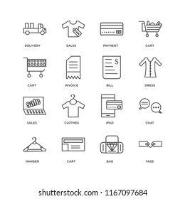 Set Of 16 simple line icons such as Tags, Bag, Cart, Hanger, Chat, Delivery, Sales, Bill, editable stroke icon pack, pixel perfect