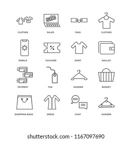 Set Of 16 simple line icons such as Hanger, Chat, Dress, Shopping bags, Basket, Clothes, Mobile, Payment, Shirt, editable stroke icon pack, pixel perfect