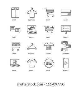 Set Of 16 simple line icons such as Mobile, New, Shirt, Shop, Payment, Chat, Cart, editable stroke icon pack, pixel perfect