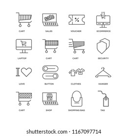 Set Of 16 simple line icons such as Tag, Shopping bag, Shop, Cart, Hanger, Laptop, Love, editable stroke icon pack, pixel perfect