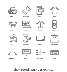 Set Of 16 simple line icons such as Cart, Network, Tablet, Hanger, Paper bag, Bag, Dress, editable stroke icon pack, pixel perfect