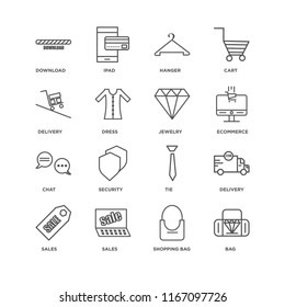 Set Of 16 simple line icons such as Bag, Shopping bag, Sales, Delivery, Download, Chat, Jewelry, editable stroke icon pack, pixel perfect