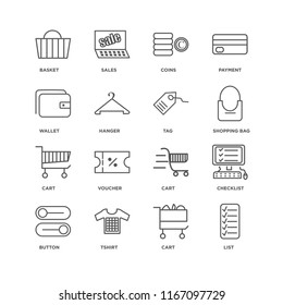 Set Of 16 simple line icons such as List, Cart, Tshirt, Button, Checklist, Basket, Wallet, Tag, editable stroke icon pack, pixel perfect