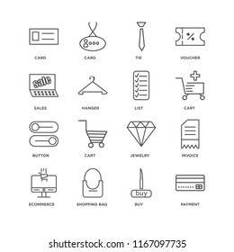 Set Of 16 simple line icons such as Payment, Buy, Shopping bag, Ecommerce, Invoice, Card, Sales, Button, List, editable stroke icon pack, pixel perfect