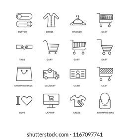 Set Of 16 simple line icons such as Shopping bag, Sales, Laptop, Love, Cart, Button, Tags, bags, editable stroke icon pack, pixel perfect