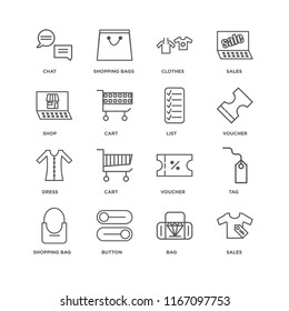 Set Of 16 simple line icons such as Sales, Bag, Button, Shopping bag, Tag, Chat, Shop, Dress, List, editable stroke icon pack, pixel perfect