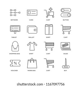 Set Of 16 simple line icons such as Buy, Cart, Paper bag, Voucher, Sales, Network, Tablet, Shopping Shirt, editable stroke icon pack, pixel perfect