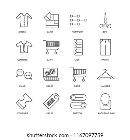 Set Of 16 simple line icons such as Shopping bag, Button, Sales, Voucher, Hanger, Dress, Clothes, Chat, List, editable stroke icon pack, pixel perfect