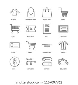Set Of 16 simple line icons such as Delivery, Button, Network, Coin, Dress, Blouse, Cart, Card, Tax, editable stroke icon pack, pixel perfect
