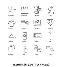 Set Of 16 simple line icons such as Chat, Tag, Security, Tie, Network, Clothes, Hanger, Sales, editable stroke icon pack, pixel perfect