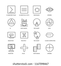 Set Of 16 simple line icons such as Sphere, Math book, Plus, Monitor, Cloud computing, Is greater than or equal to, Pi, Equation, Pie chart, editable stroke icon pack, pixel perfect